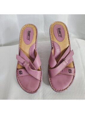 Born Handcrafted Footwear Size 8/39 Leather Wedge Sandals Heels Straps Purple